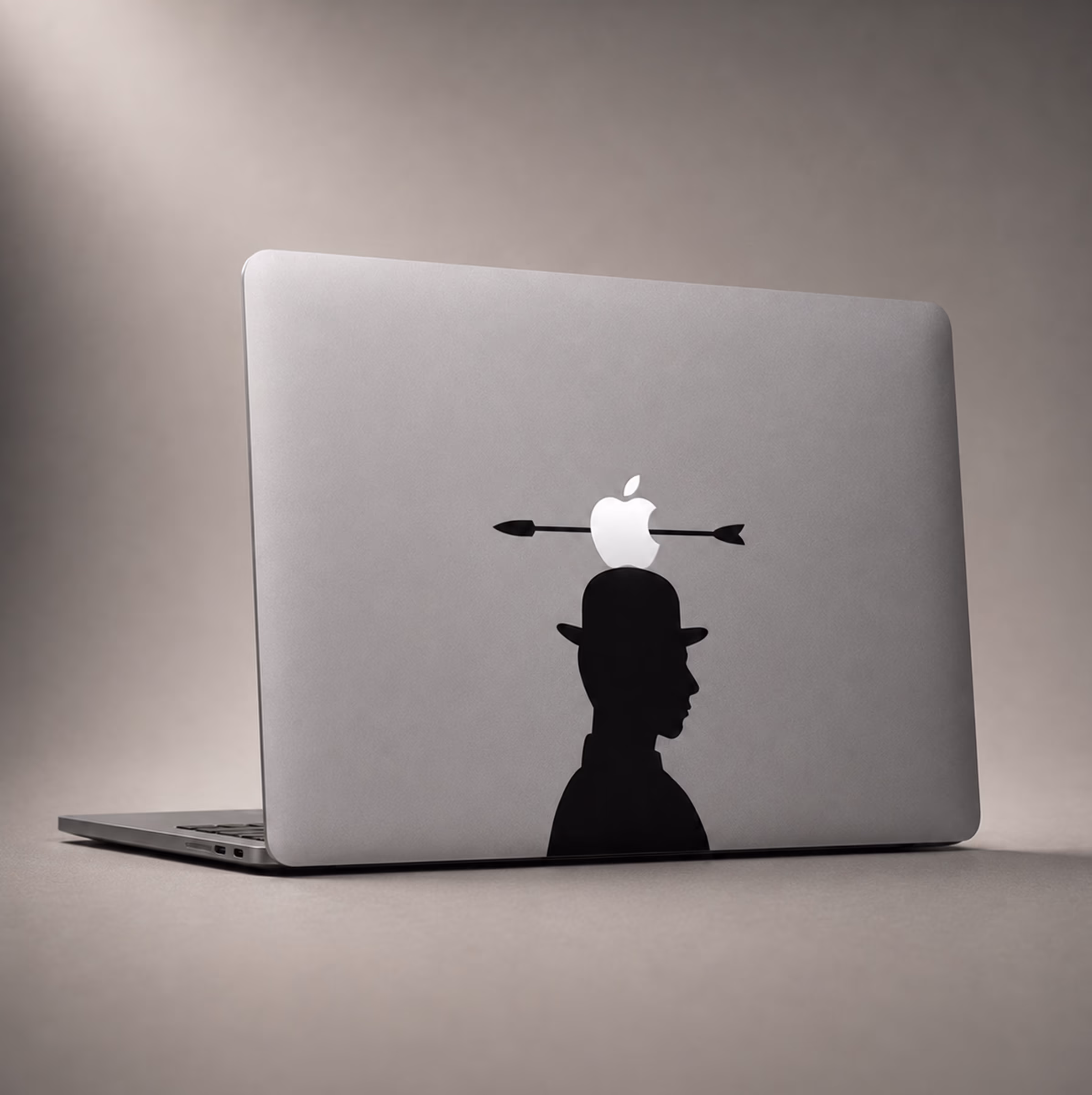 MacBook decal of a bowler-hatted figure with the Apple logo struck by an arrow above his head